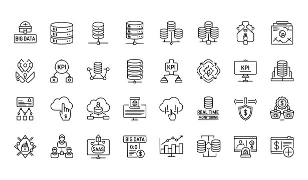 Business data analytics outline icons with server and network monitoring