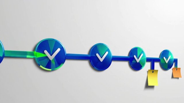 A blue and green line with a series of check marks on it. The check marks are in different colors and are placed at different points along the line