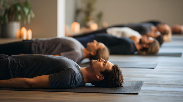 Yoga group lying in savasana meditation relaxation class