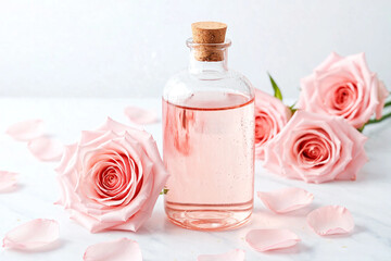 Bottles of essential oil and roses , A small, clear glass bottle with a cork stopper, filled with light pink liquid, sits amongst several delicate pink rose blossoms and scattered petals 
