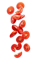 Sliced Tomatoes Falling food isolated on a transparent background