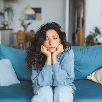 Young woman sitting on blue sofa at home with thoughtful concerned expression looking at camera