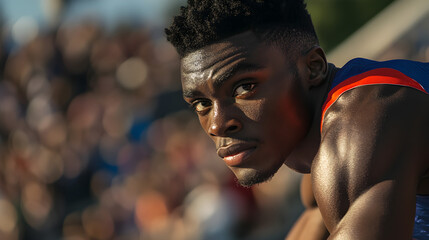 Portrait of focused male athlete at stadium before competition with intense determined expression