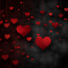Hanging Red Glitter Hearts on Dark Romantic Valentine Background