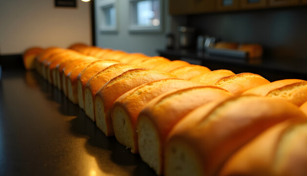 Freshly baked loaves of bread lined up in a bakery kitchen, ready for sale