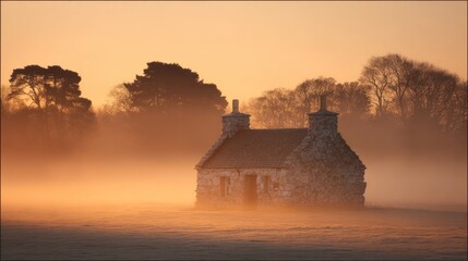 grampian. An ancient stone cottage sits in a misty valley during the golden hour. travel magazines, destination branding, designed for outdoor magazines and nature guides, inspires travel planning.
