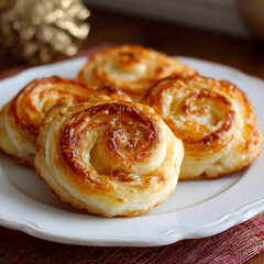 Golden Puff Pastry Spiral Rolls Served on White Plate