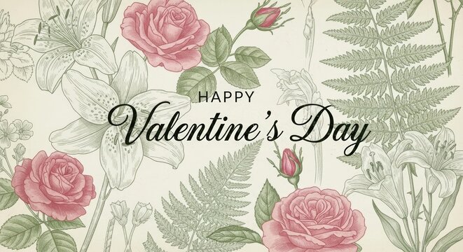 Happy valentine's day vintage botanical illustration for digital greeting cards
