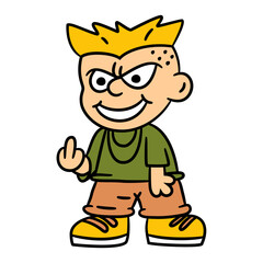 Fototapeta premium Mischievous cartoon boy with a wicked grin and spiky hair gives the middle finger, embodying defiance and playful rebellion