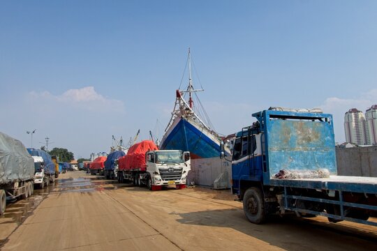 Jakarta Indonesia - 20 July 2025 - Old harbor Sunda Kelapa with wooden cargo ships in Jakarta Indonesia