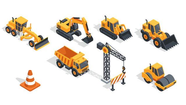 Construction vehicles in isometric style with traffic cone and crane elements