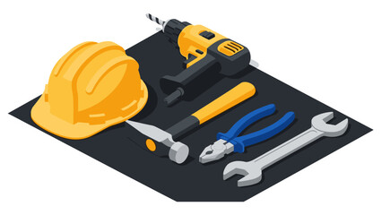 Naklejka premium Isometric construction tools set on black mat with helmet, drill, and hand tools