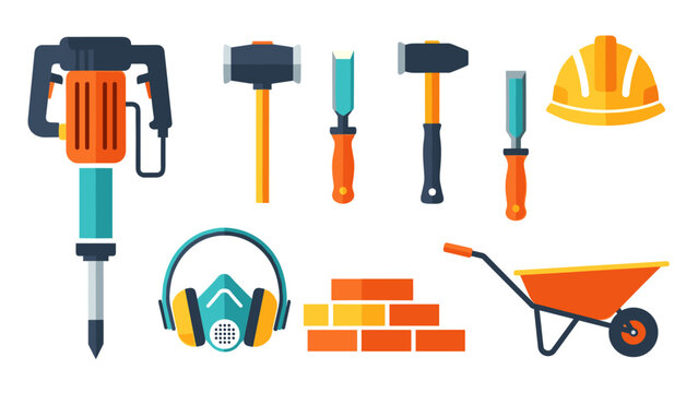 Flat construction tools set with safety gear and equipment icons