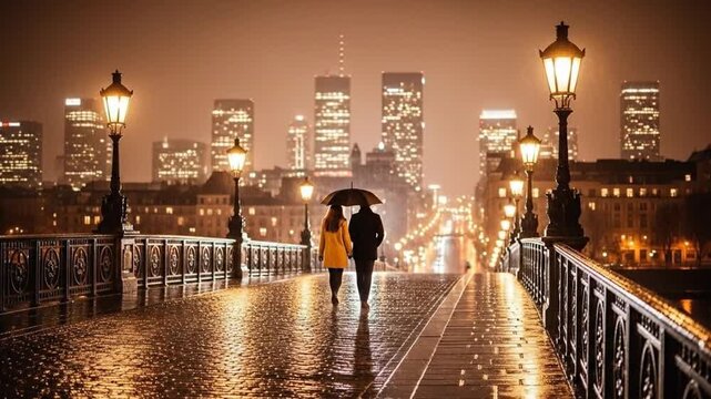 Romantic couple walking under an umbrella on a rainy city street at night with glowing lanterns and a distant skyline.