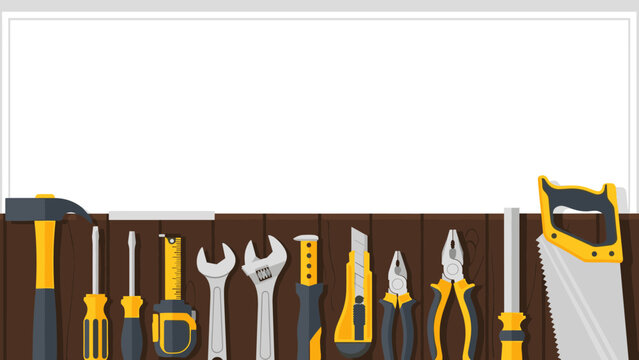 Handyman tools banner with hammer, wrench, and pliers on wooden background