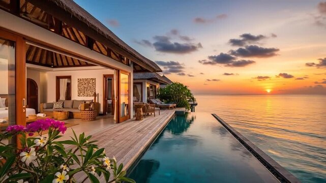 Luxurious tropical villa with an infinity pool overlooking a stunning golden ocean sunset.