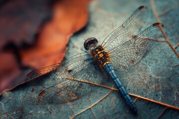 Detailed macro view of dragonfly on autumn leaf