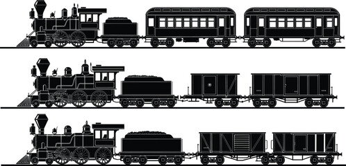 Set of vintage steam train locomotive silhouettes including passenger carriages and freight wagons in retro industrial style for transport and historical design projects (24 words) © MstRupali