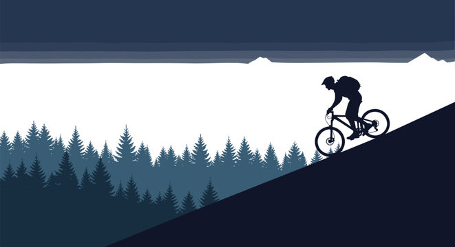 Silhouette of a mountain biker riding downhill through a pine forest landscape with misty mountains and foggy horizon for extreme outdoor sports adventure (25 words)