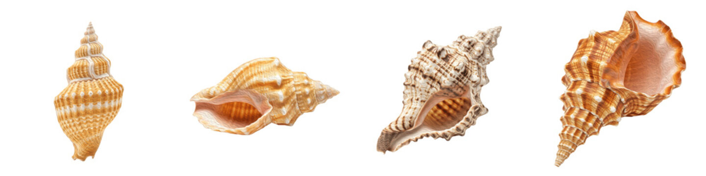 Set of various tropical seashells and spiral sea shells isolated on white background