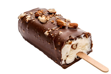 Delicious chocolate coated ice cream bar with nuts on wooden stick