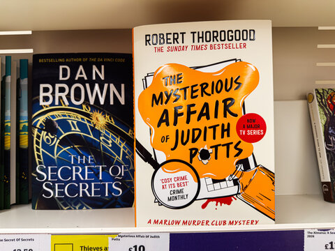 The Mysterious Affair of Judith Potts book on shelf beside Dan Brown novel