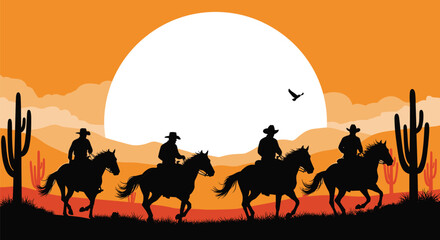 Vector illustration of cowboy silhouettes riding horses through a desert landscape with saguaro cacti under a large sunset sun for western adventure themes (24 words) © MstRupali