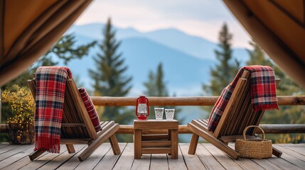 Fototapeta premium Scenic mountain view from a wooden deck with lounge chairs. Cozy glamping setup with plaid blankets and lantern. Outdoor relaxation in nature