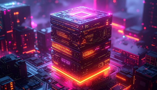 Futuristic Neon Server Stack in Dark Data Center