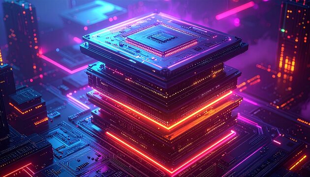 Futuristic Neon Circuit Stack Emitting Glowing Edges