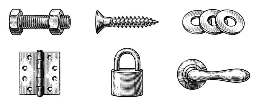 Vintage etched fasteners & hardware symbol set.