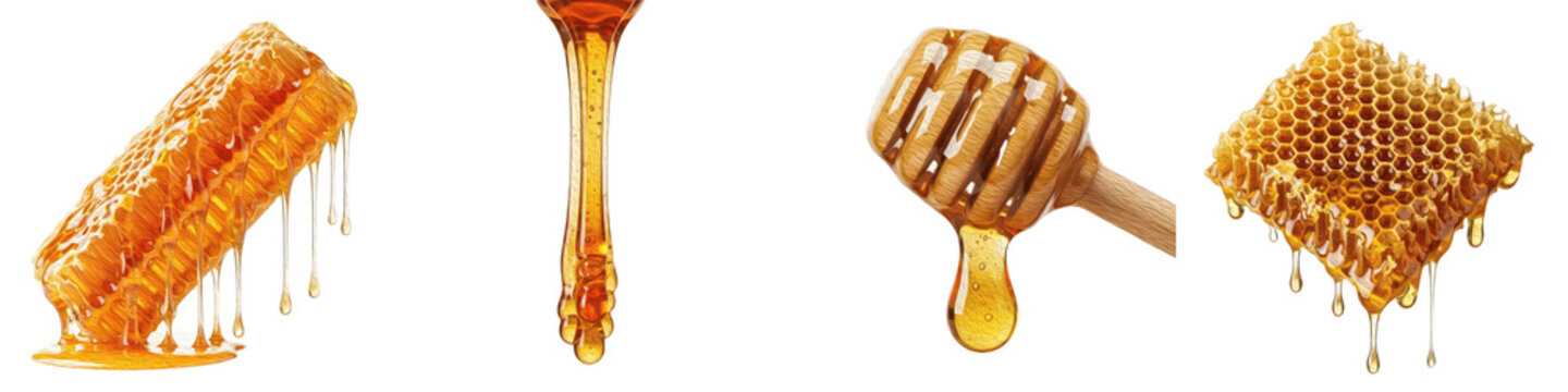 Set of fresh organic honeycomb and golden honey dripping from wooden dipper isolated on white background