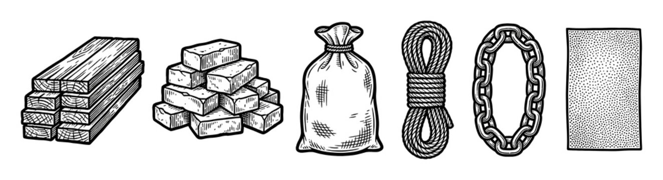 Antique woodcut construction materials elements set.