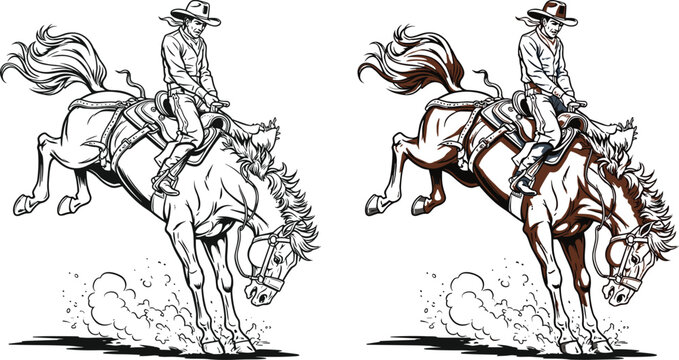 Vintage hand drawn vector illustration of a cowboy riding a bucking bronco horse at a rodeo show with dust clouds and retro engraving style (25 words)