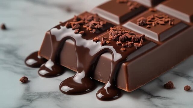 Melted Chocolate Bar with White Drizzle on Marble Countertop