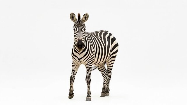 Distinctive zebra standing and looking at the camera on an isolated white background.