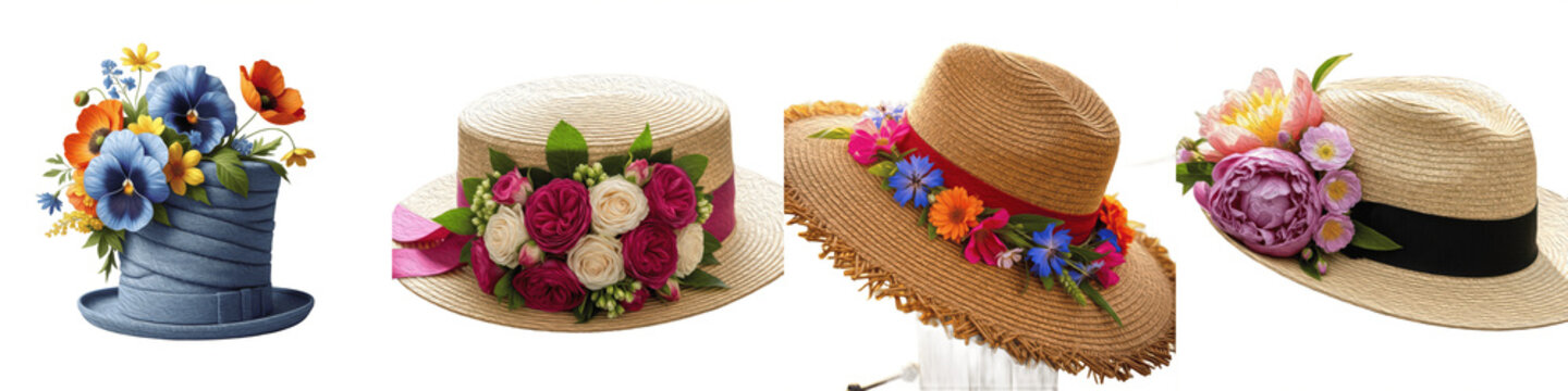 Set of elegant summer straw hats decorated with colorful spring flowers isolated on white background