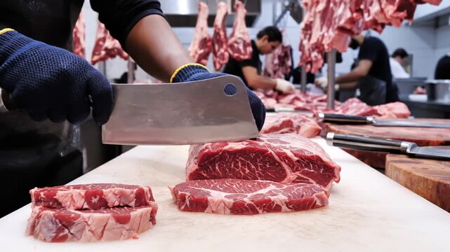Person cutting raw meat on a wooden board in a butcher shop