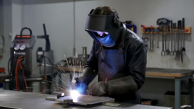 Person welding metal in workshop
