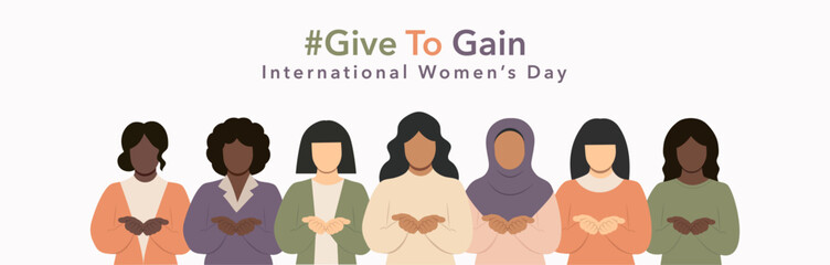 Obraz premium International Women's Day 2026 vector creative banner.#GiveToGain illustration: diverse women with open hands symbolizing giving support and care.March 8. Give to gain campaign theme.Feminism holiday 
