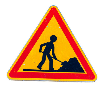 Panneau de chantier "travaux en cours" vintage d&eacute;tour&eacute; sur fond transparent