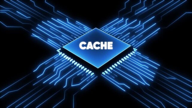 Blue Cache Microchip Circuit Board with Glowing Neon Lines on Black Background for Technology and Computing Concepts