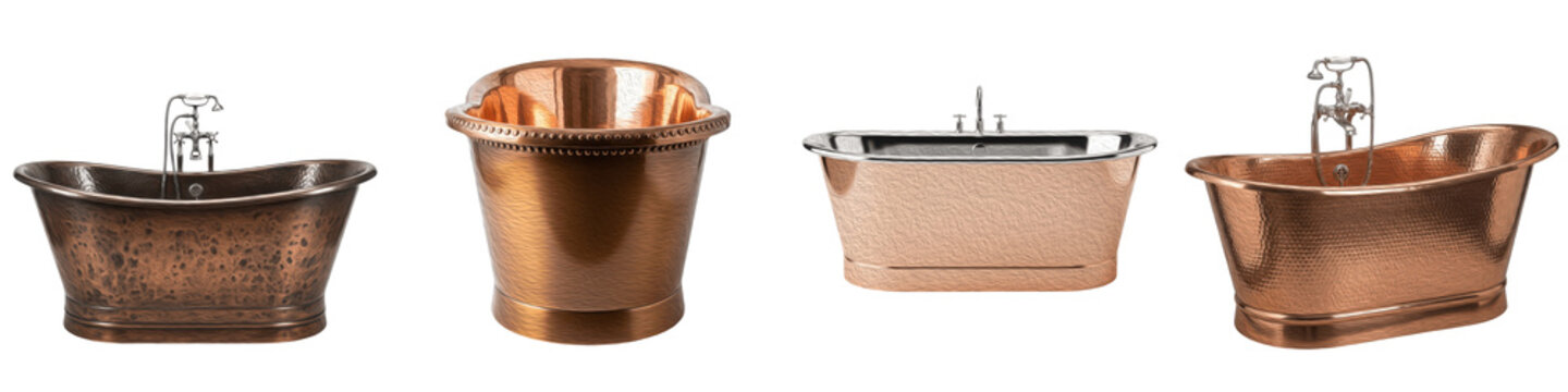 Set of luxury copper bathtubs and vintage freestanding tubs isolated on white background