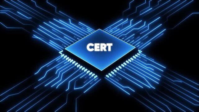 Blue Circuit Board with C E R T Chip Technology Background microchip CERT blue neon lights