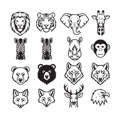 Fototapeta premium Collection of Wild Animal Head Icons - Lion, Tiger, Elephant, Giraffe, Zebra, Rhino, Monkey, Bear, Fox, Wolf, Deer, Eagle