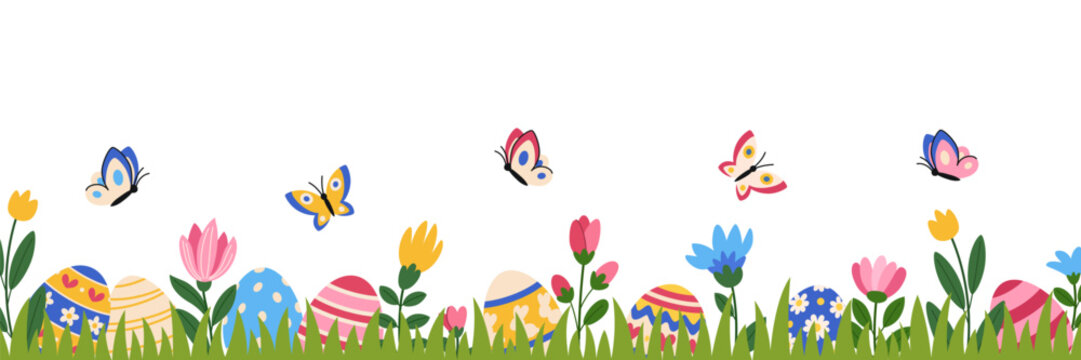Cute Easter background with spring flowers, colored eggs and butterflies. Spring border for Easter.