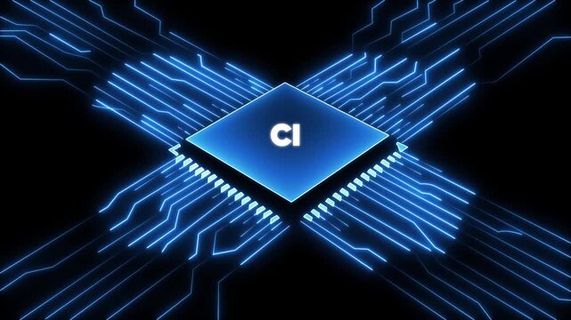 Blue Circuit Board with C I Chipset and Glowing Neon Lines on Black Background for Technology and Innovation Concepts