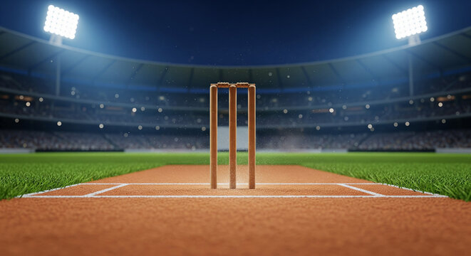 Cricket Pitch: A close-up view of a cricket pitch bathed in stadium lights, showcasing the wicket and the perfectly manicured grass, hinting at the excitement of an upcoming match.