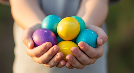 Obraz premium Easter sunday celebration with colorful easter eggs in hands