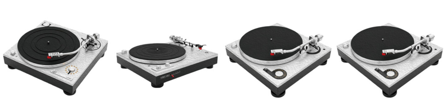 Set of professional vinyl record players and turntables isolated on white background